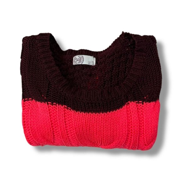 So Sweater Juniors Sz XS Pink/White Colorblock Long Sleeve Crew Neck Cable Knit - Picture 2 of 10